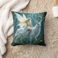 Fairy and White Deer Magical Forest Throw Pillow
