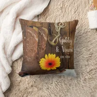 Cowboy Boots, Daisy and Horse Bit Western Wedding Throw Pillow