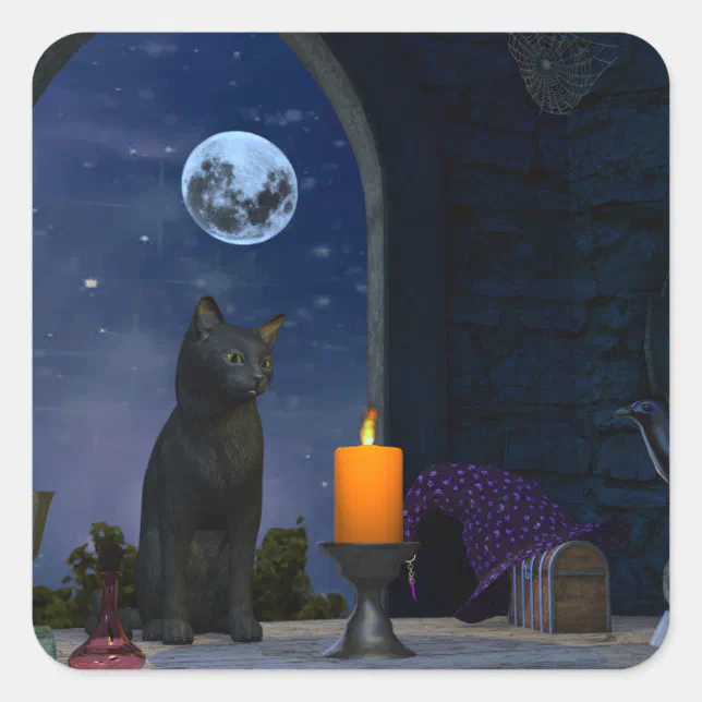 Cute Black Cat Staring at a Candle Square Sticker