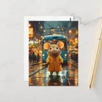 An Adorable Mouse in a Yellow Rainsuit Trolly Postcard