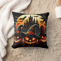 Spooky pumpkins shine in moonlight throw pillow