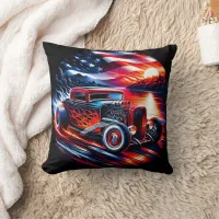 Classic hot rod racing along a sunset river throw pillow