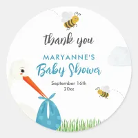 Rustic Stork with Bee & Butterfly Boy Baby Shower Classic Round Sticker