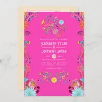 Magenta & Champagne Floral Mexican Fiesta Wedding Invitation