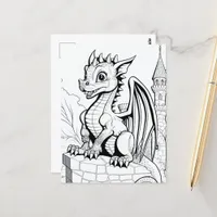 Dragon Fantasy Black and White Coloring Book Style Postcard