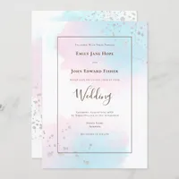 Pink Teal Watercolors Silver Confetti Wedding Invitation