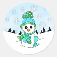 Cute Blue Snowman and Snowflakes Christmas Holiday Classic Round Sticker