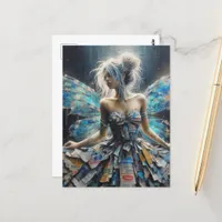 Fairy Patchwork Dress Blue Wings Postcard