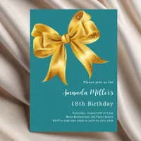 Teal gold bow birthday invitation