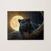 Cute Black Pantha laying on a Tree Branch Red Moon Jigsaw Puzzle