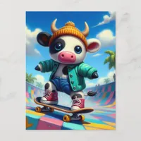 Skateboarding Adorable Cow Postcard