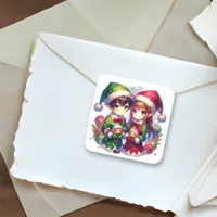 Cute Anime Elves Christmas Square Sticker