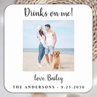 Modern Drinks On Me Dog Photo Pet Wedding Square Paper Coaster