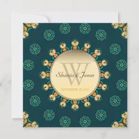 Geo Gems Circle Monogram Teal Gold Wedding Invitation