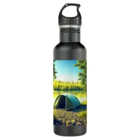 Tent in a Beautiful Forest by a Lake Stainless Steel Water Bottle