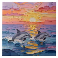 Impasto Dolphins and Ocean Waves   Ceramic Tile
