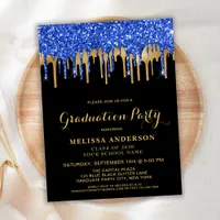 Elegant Blue Gold Black Glitter Drips Graduation Postcard