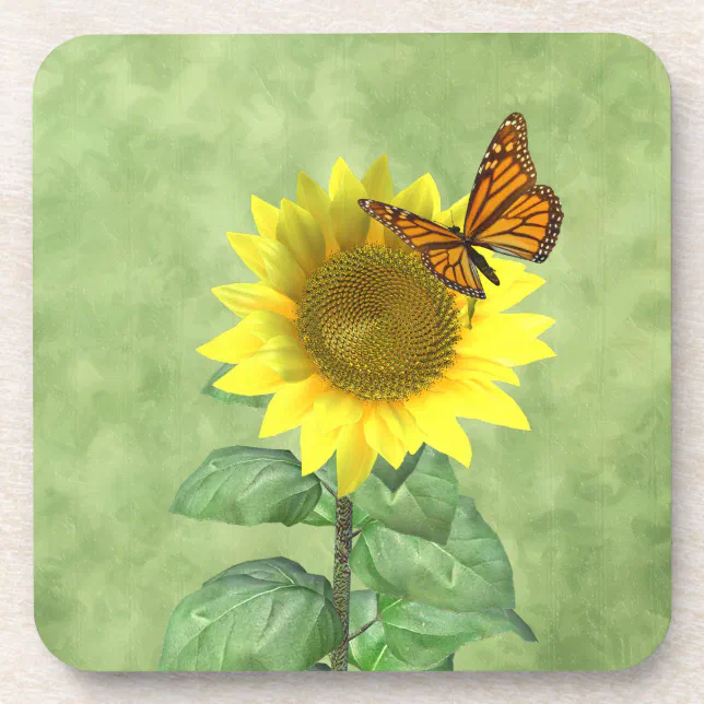 Pretty Yellow Sunflower and Orange Butterfly Beverage Coaster