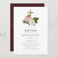 Vintage Blush and Burgundy Floral Baptism Invitation
