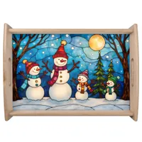 Snowman Snow Woman Snow Kids Stained Glass Style Serving Tray