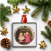 Vintage Cozy Fireplace Girls Pink Christmas Scene Metal Ornament