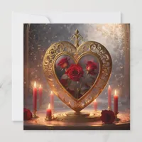 Victorian golden heart with red roses, vintage holiday card