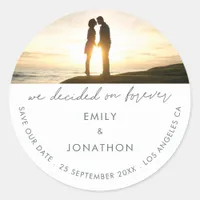 Minimal Decided on Forever Photo Save the Date Classic Round Sticker
