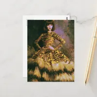 A beautiful woman in a big cat print dress postcard