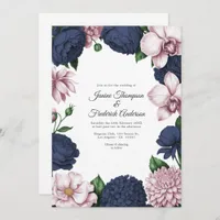 Navy Blue & Blush Watercolor Floral Wedding Invitation