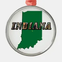 Indiana State Map Green Outline & Photo Text Metal Ornament