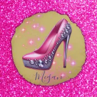 Monogrammed High Heel in Glitter Pink on Gold | Round Pillow