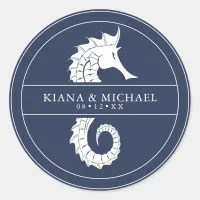 Blue Wave Seahorse Wedding Wht/Navy ID836 Classic Round Sticker