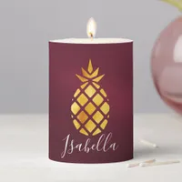 Gold pineapple burgundy name pillar candle