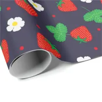 Strawberries and Flowers on Navy Blue Wrapping Paper