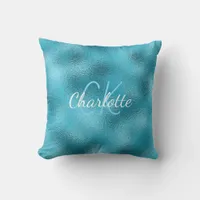 Turquoise blue ocean metallic monogram script throw pillow