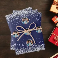 Christmas navy blue silver photo confetti wrapping paper sheets