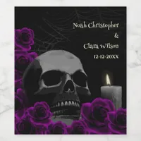 Gothic Scary Skull Purple Roses Halloween Wedding Wine Label