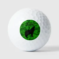 Modern Green Camo Black Wolf Silhouette Monogram | Golf Balls