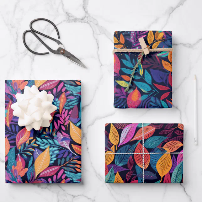 Colorful Leaves Pattern Modern Vibrant Gift Wrapping Paper Sheets