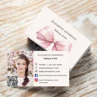 Pink bow beige cream qr code social media photo business card