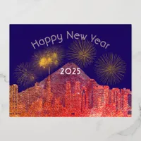 Fireworks in a beautiful city happy new year 2025 foil holiday postcard