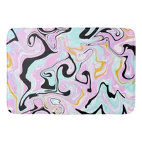 Pink, Pale Blue Black and Gold Swirls Fluid Art   Bath Mat