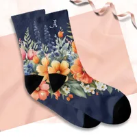 Navy Blue Floral Garden Lover's Monogrammed Socks