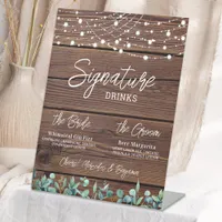 Signature Drinks String Lights Eucalyptus Wedding  Pedestal Sign