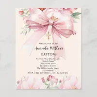 Pink bow cream florals girl Baptism invitation