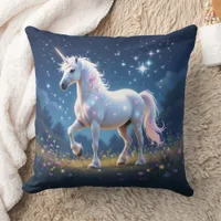 Unicorn in Starlit Wildflower Meadow at Night Throw Pillow