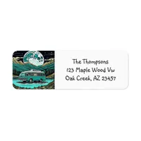 Teal Vintage RV Camper in the Mountains Retro Label