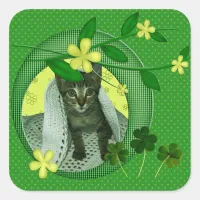 Kitten, Flowers, Shamrocks & Green Polka Dots Square Sticker