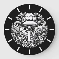 Black and White Flowers and Mushrooms Vintage Large Clock