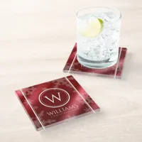 Festive Red Foil Snowflakes Monogram Name Glass Coaster